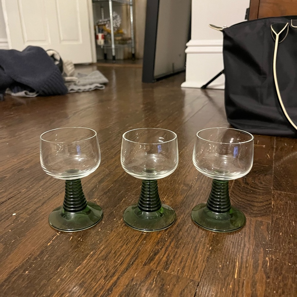 Set of Three Green Vintage German Roemer Stemmed Glasses